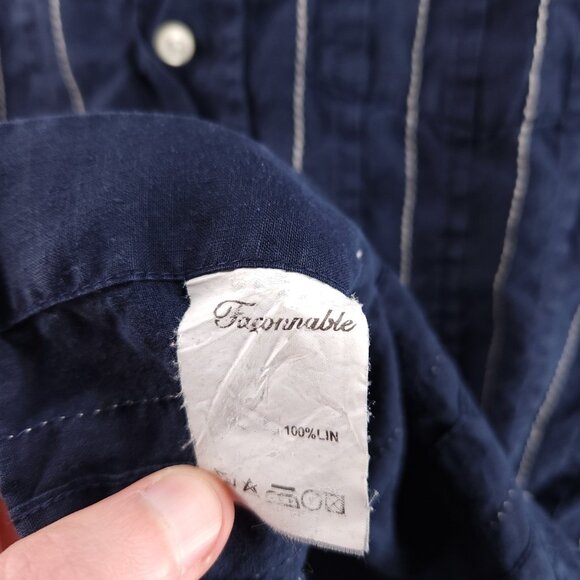 Faconnable Striped Small Linen Blue Shirt Mens Button Up Long Sleeve Pocket - Picture 12 of 14
